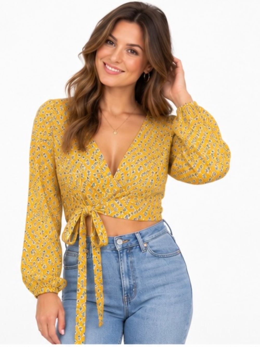 R H O D E Women's Medium Yellow Floral Wrap Crop Top Boho Tie Front Y2K